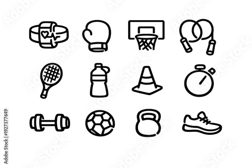 Collection of sports and fitness icons including equipment for gym workout and athletic activities on white background