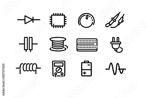 Electronic components and engineering tools line icon set including microchip battery multimeter breadboard and circuit symbols