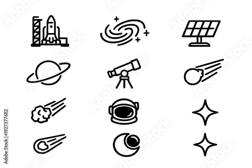 Set of space and astronomy line icons featuring rocket ship galaxy solar panel telescope planet astronaut helmet and stars