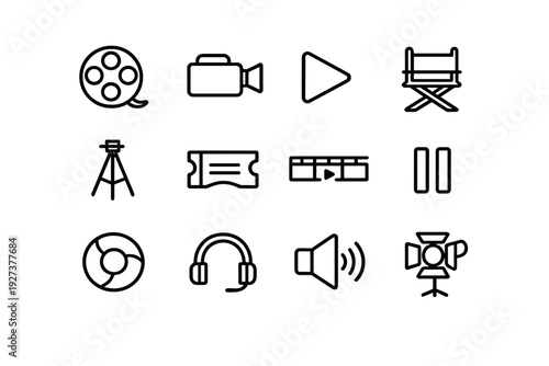 Cinema and video production line icon set featuring film reel camera director chair tripod ticket play pause headphones and studio light