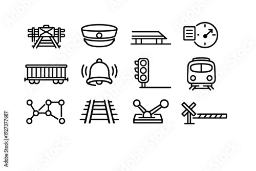 Railway and train transportation elements featuring tracks locomotive signal and station equipment for logistics and travel design