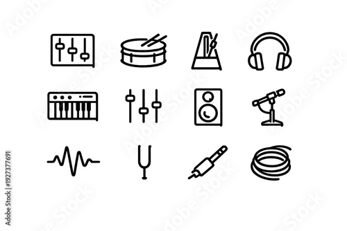 Music production and audio equipment line icons set featuring headphones microphone speaker and synthesizer keyboard