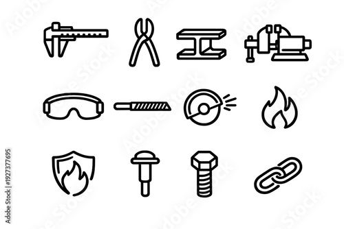 Metalworking and industrial tool icon set featuring caliper pliers vise safety goggles circular saw and hardware components on white