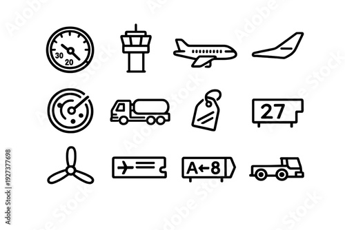 Set of aviation and airport icons including airplane control tower radar fuel truck boarding pass and propeller on white background