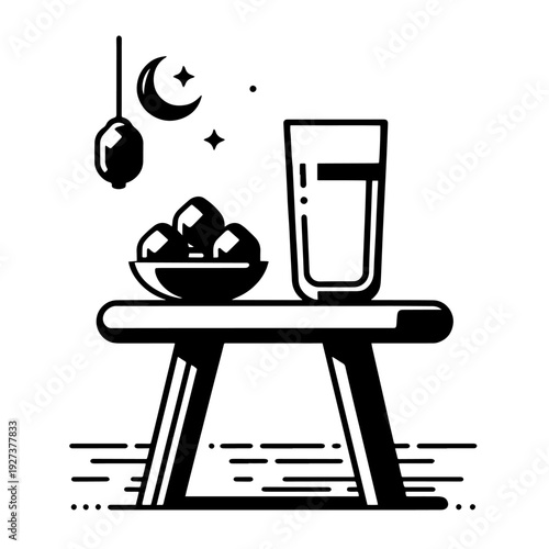 Minimalist Ramadan Iftar Scene with Dates and Water Glass Vector Illustration