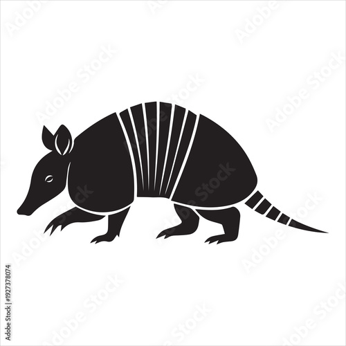 Cute silhouette of an armadillo walking with detailed armor and striped tail