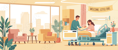 Flat Vector Illustration of a Modern Maternity Ward with Happy Parents and Their Newborn Baby in a Hospital Room, Warm and Gentle Atmosphere with City View, Welcome Little One Banner, Healthcare.
