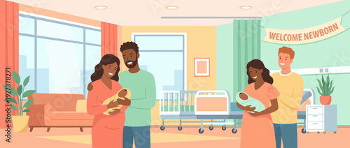 Flat Vector Illustration of a Modern Maternity Ward with Happy Parents Holding Newborn Babies in a Hospital Room; Diverse Couples Celebrating New Life with Swaddled Infants and a Banner.