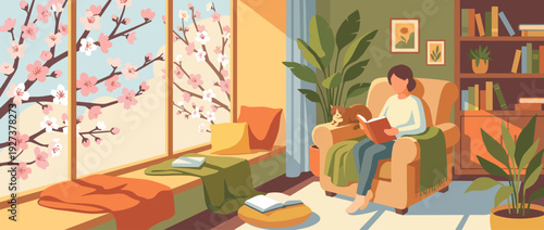 Flat vector illustration of a cozy spring reading nook with a woman reading in an armchair, a sleeping cat, indoor plants, and a large window overlooking beautiful blooming cherry blossoms.