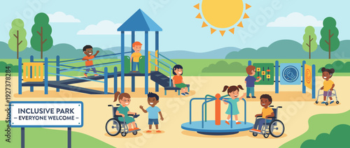 Flat vector illustration of a modern inclusive playground with adaptive equipment and diverse children playing together. Kids in wheelchairs, with walkers and hearing aids in a sunny park.