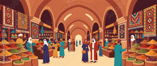Traditional Turkish bazaar flat vector illustration with colorful spice mounds, handwoven carpets, and people in cultural dress shopping in a historic marketplace with grand arched architecture.