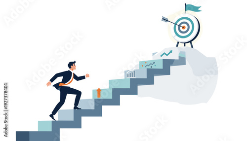 Businessman Running Up Stairs to Reach Target Goal with Bullseye and Flag, Concept of Career Growth, Motivation, Progress, and Success, Vector Illustration of Professional Achievement and Path