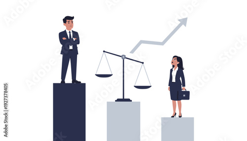 Corporate gender inequality and pay gap concept with businessman on high pedestal and businesswoman on low level, unbalanced scales and rising arrow representing career growth disparity.
