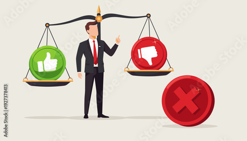 Businessman weighing positive and negative feedback on a scale with green thumbs up and red thumbs down icons, representing decision making, evaluation, and business judgment vector illustration.