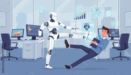 Robot employee kicks away a human worker from his job at a modern office. Concept of artificial intelligence replacing humans in the workplace, job displacement, and future technology impact.