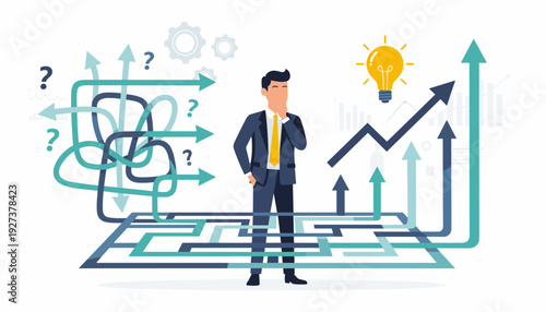 Businessman Thinking of New Ways to Solve Complex Problems for Better Results, Concept of Rethinking Strategy and Innovation for Business Growth with Lightbulb Idea and Upward Trend Arrows.
