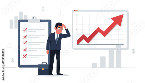 Sad Businessman Worried About Failure with Checklist of Red Crosses and Rising Expense Graph. Stressed Professional Facing Financial Crisis, Bankruptcy, and Career Setbacks in Office.