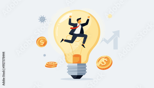Successful Businessman Jumping Inside a Glowing Lightbulb Representing Innovation and Creative Ideas for Financial Growth and Business Success During the Coronavirus Pandemic Crisis Concept