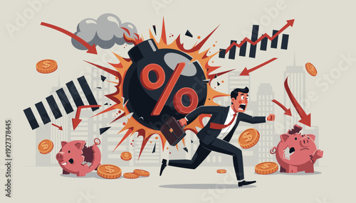 Businessman Running from Percentage Bomb Explosion Representing High Interest Rates and Inflation Causing Economic Recession, Financial Crisis, Market Crash, and Debt with Broken Piggy Banks