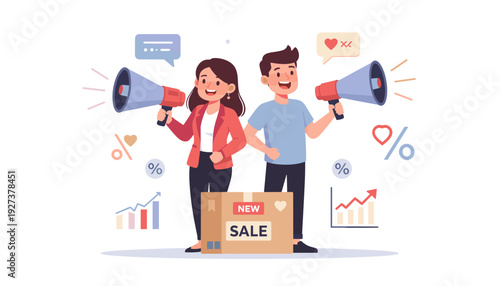 Professional man and woman using megaphones for marketing promotion and advertising. Concept of business growth, commercial sales announcement, and retail campaign with charts and sale box.