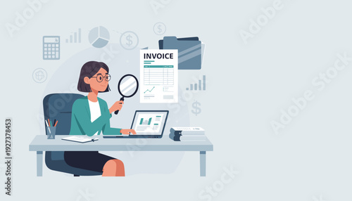 Professional woman accountant sitting at her desk using a laptop and magnifying glass to carefully inspect a financial invoice, representing concepts of auditing, tax filing, and business analysis.