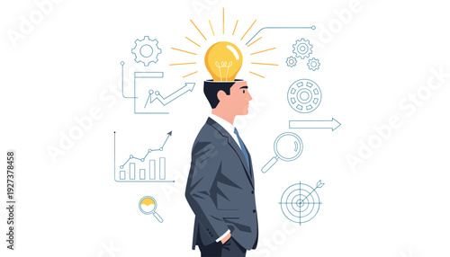 Businessman with a glowing lightbulb in his head as a metaphor for creativity, innovation, and business discovery. Professional man surrounded by strategic icons like charts, gears, and targets.