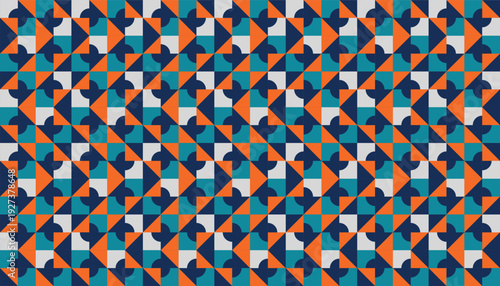 Dynamic abstract geometric pattern with orange and teal triangles, seamless mosaic background with semicircle accents