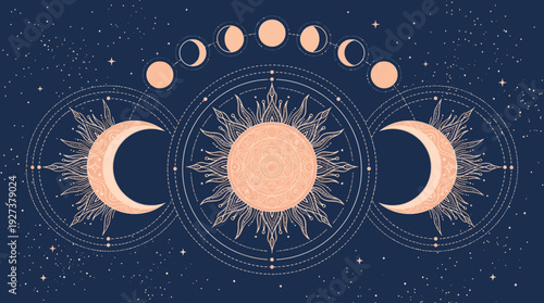 Boho Celestial Sacred Geometry Sun and Moon with Lunar Cycle on Dark Sky
