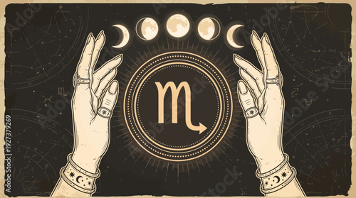 Mystical Scorpio Zodiac Sign with Engraved Hands, Moon Phases & Astrology Background
