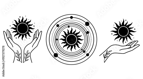 Mystical Sun and Hands Line Art Vector Collection with Celestial Mandala