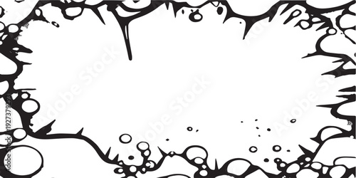 Abstract black and white ink blot frame with organic shapes and splatters.