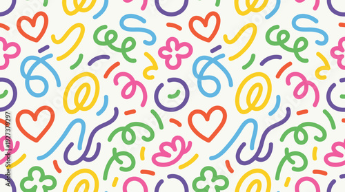 Vibrant Abstract Doodle Seamless Pattern with Colorful Hand-Drawn Shapes and Hearts