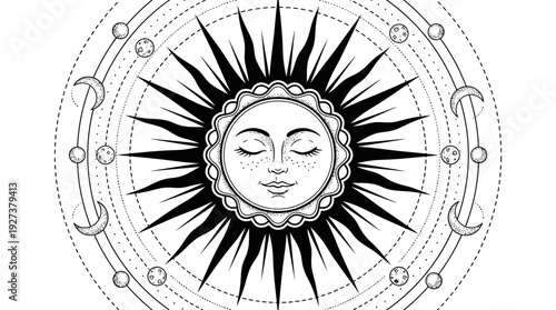 Celestial Sun Face with Moon Phases & Cosmic Orbits. Hand-Drawn Spiritual Black & White Astrology Vector Illustration.