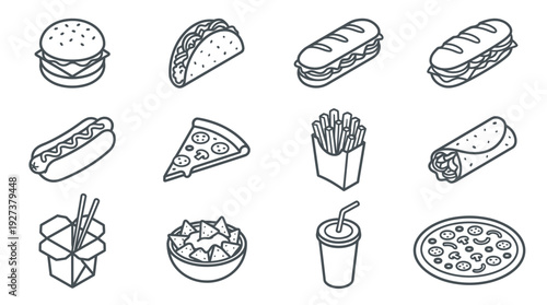 Isometric Fast Food & Takeout Icons Set - Burger, Pizza, Taco, Hot Dog, Fries, Nachos, Asian Noodles Line Art Vector Collection