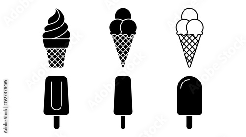 Ice Cream and Popsicle Vector Icons Set - Silhouette & Outline Glyphs for Summer Desserts & Sweet Treats