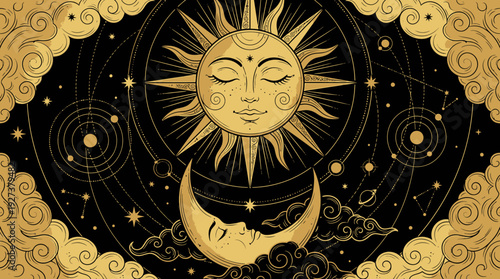 Mystical Golden Sun & Moon Celestial Harmony with Ornate Cosmic Stars & Clouds Illustration