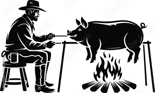 Man roasting pig on spit silhouette, detailed outdoor fire cooking scene