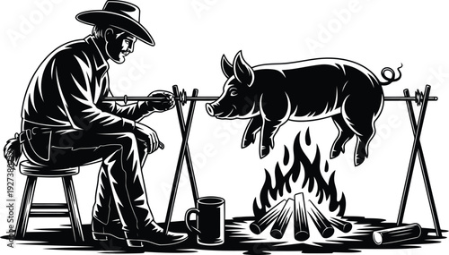Pig roast silhouette with seated man, traditional spit cooking over fire
