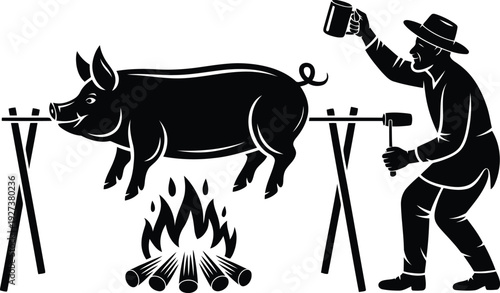 Outdoor pig roast silhouette, man cooking whole pig over fire on spit