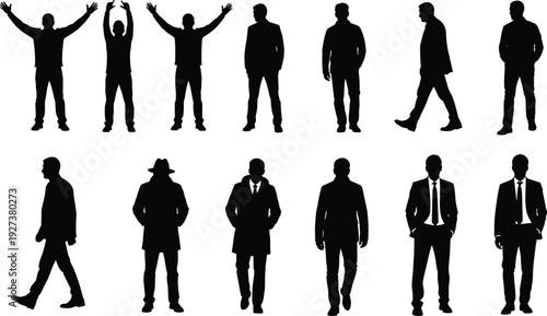 Black vector silhouette set of diverse men in casual jackets formal business suits and long winter coats for professional leadership branding and male fashion design