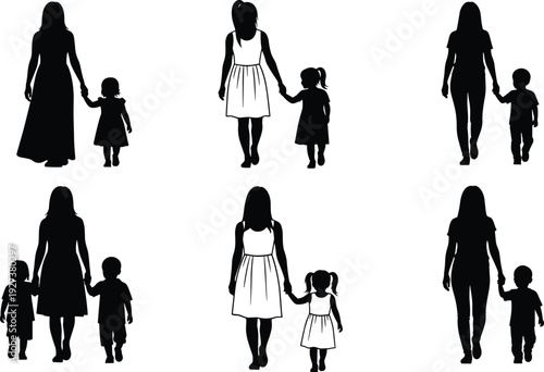 Black vector silhouette set of diverse mothers walking and holding hands with young children for motherhood family bonding parenting lifestyle and childhood development branding