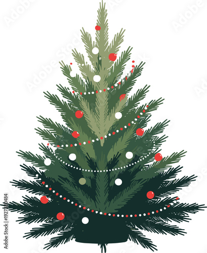 Green vector illustration of a decorated Christmas tree with red and white ball ornaments and bead garlands for holiday celebration and winter season branding