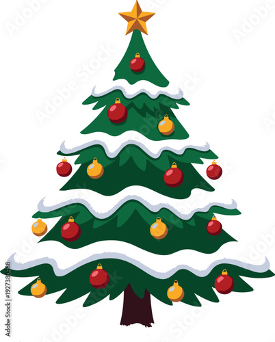 Green vector illustration of a snow covered Christmas tree with a gold star topper and red and yellow ball ornaments for festive holiday branding