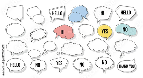 Speech Bubbles Collection: Hello, Hi, Yes, No, Thank You - Communication Icons