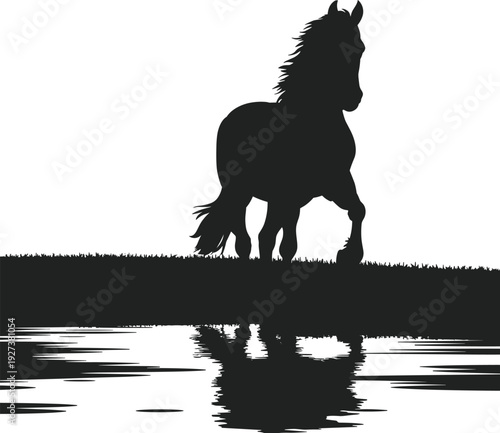 Majestic Horse Silhouette Standing on a Grassy River Bank with Water Reflection Featuring a Wild Stallion in a Peaceful Nature Landscape on White Background