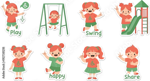 Diverse children vector illustrations showing play, swing, happy, and share concepts