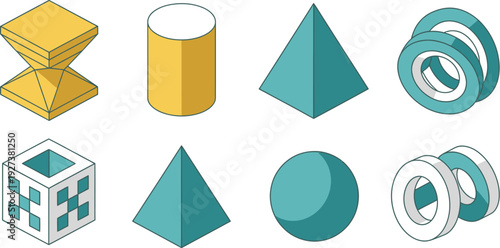 Collection of colorful three-dimensional isometric geometric shapes and forms