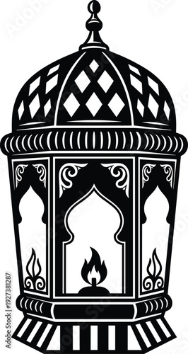 WeOrnate black vector silhouette of an Islamic Ramadan lantern with intricate patterns and a glowing candle flame for Eid Mubarak holiday decoration branding