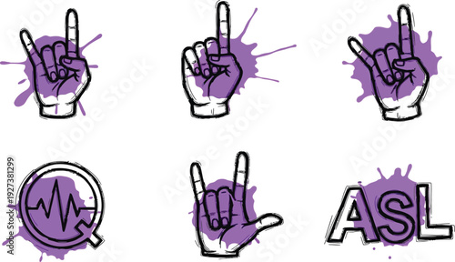 Diverse vector hand gestures and ASL symbols with purple ink splatters