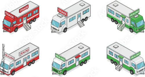 Isometric vector graphic set of mobile medical triage and healing clinic trailers